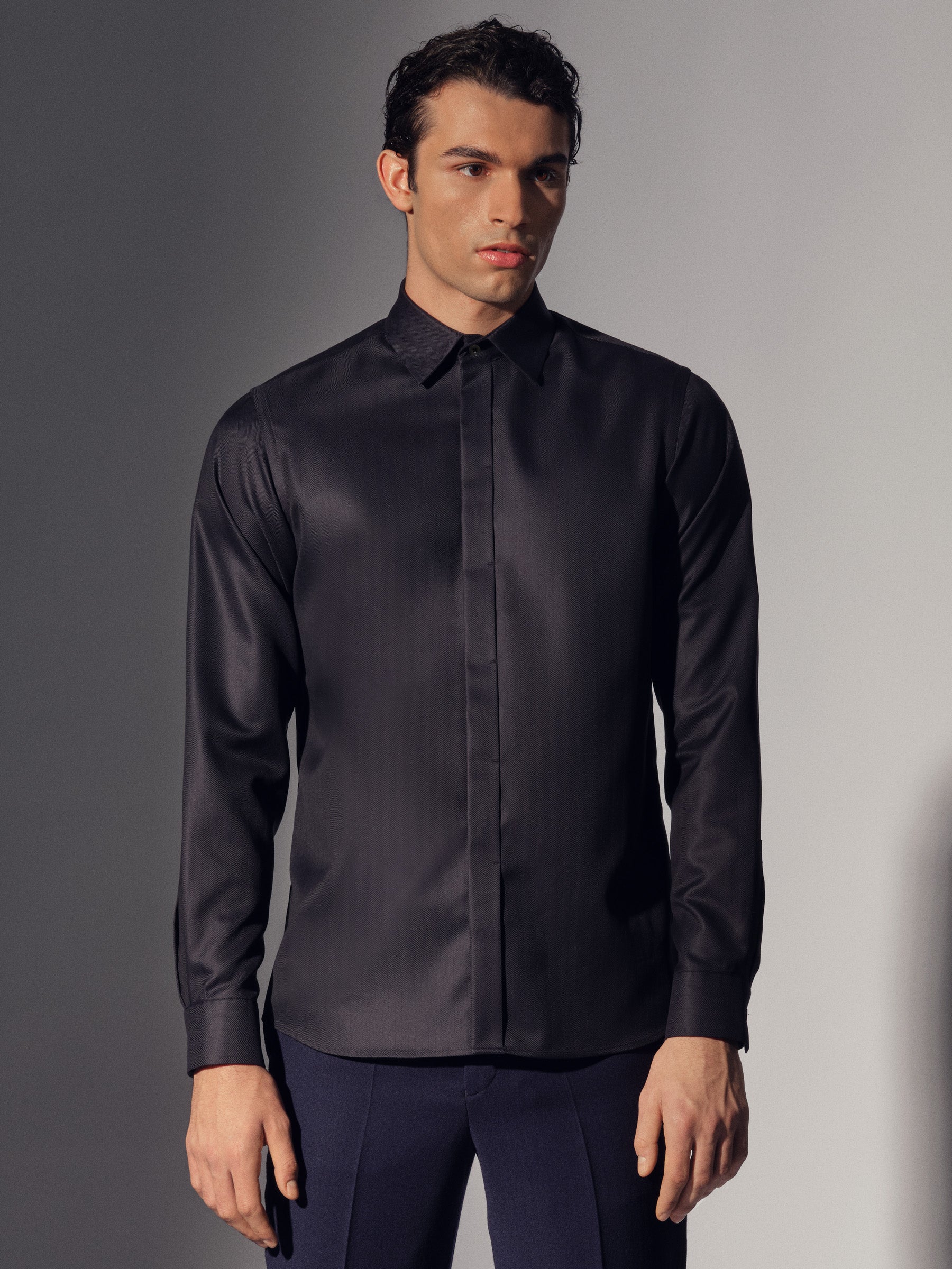 Black Cotton Concealed Placket Shirt