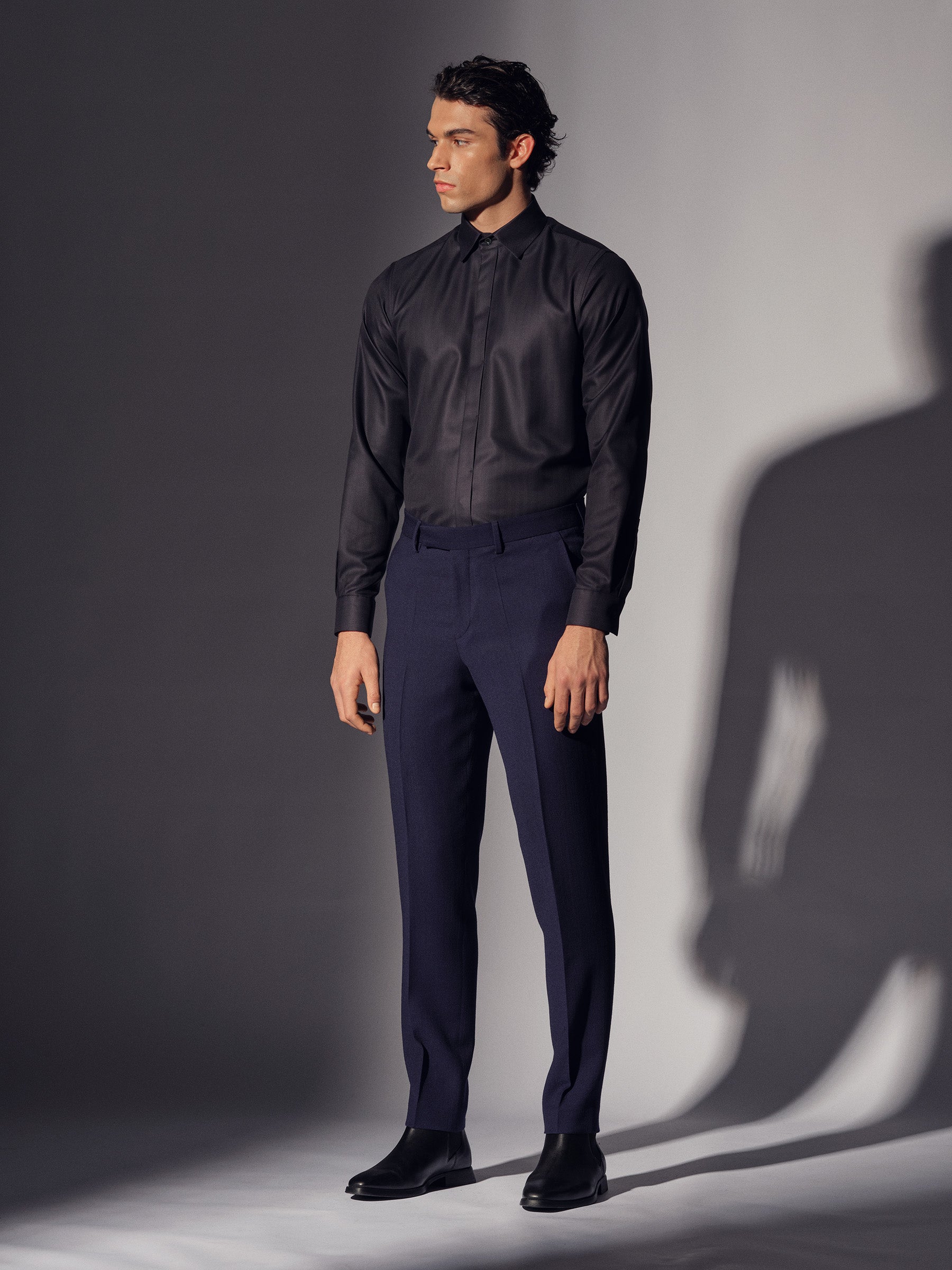Black Cotton Concealed Placket Shirt