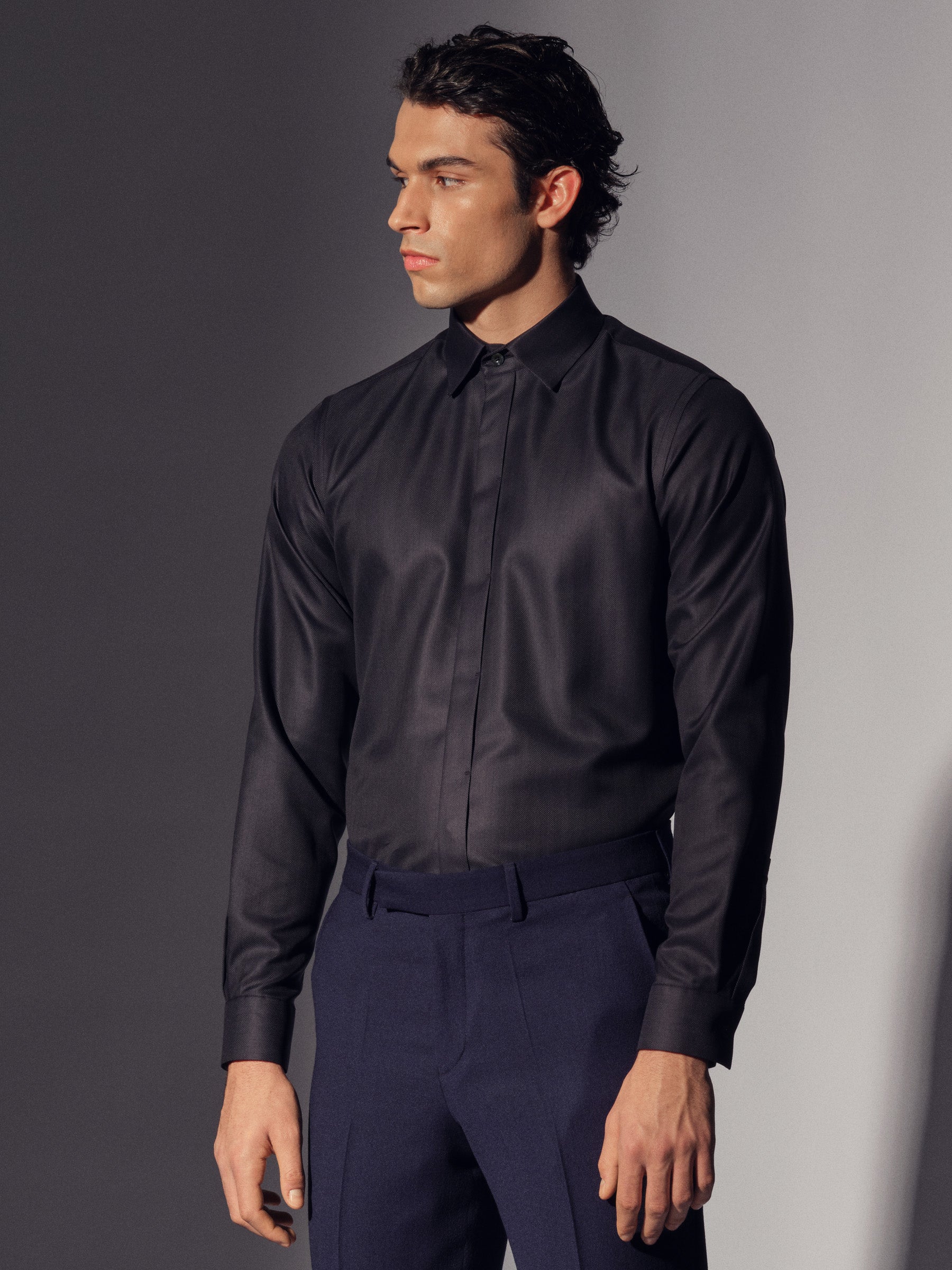 Black Cotton Concealed Placket Shirt