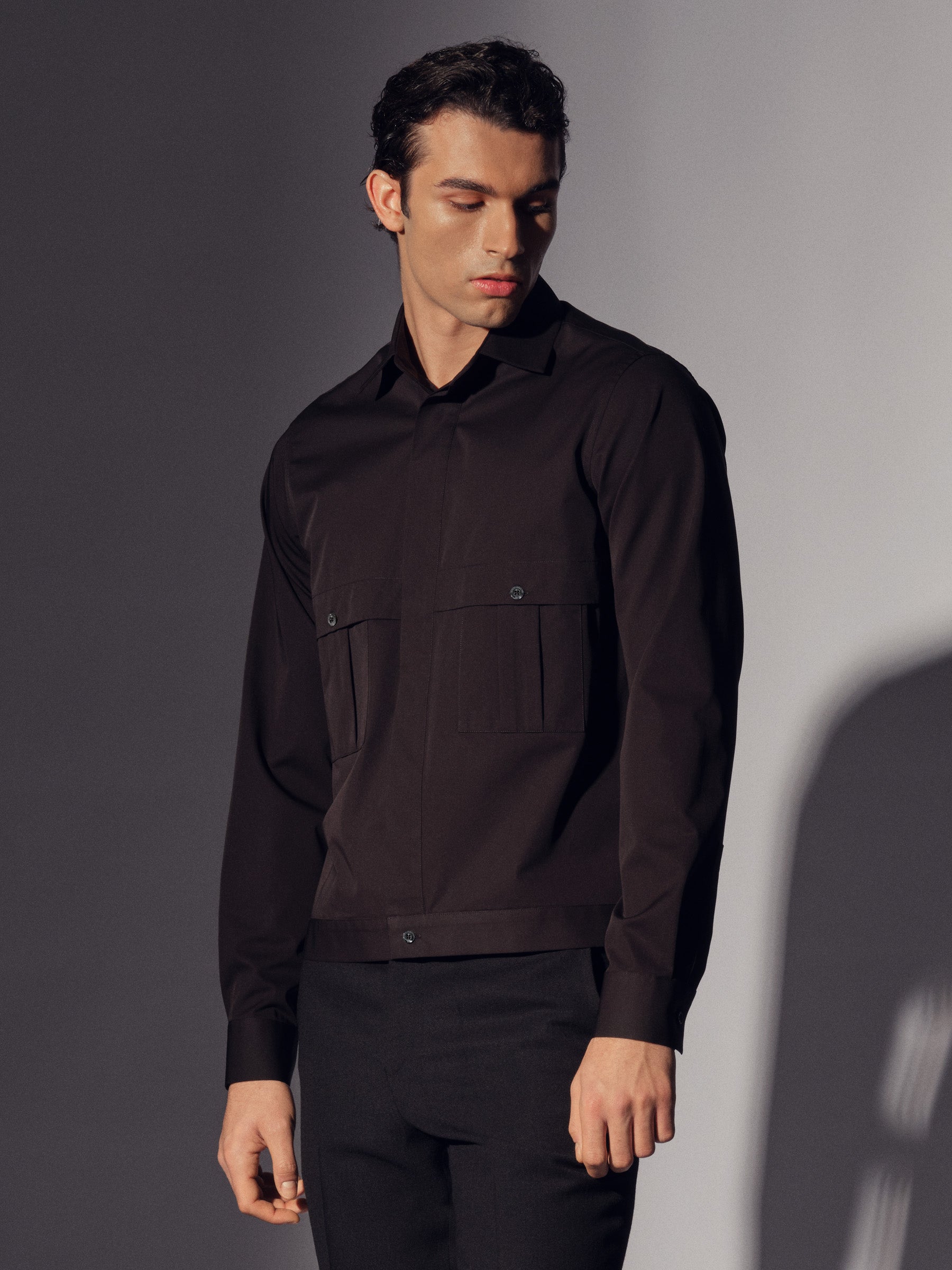 Black Cotton Pleat Pocket Shirt Overshirt