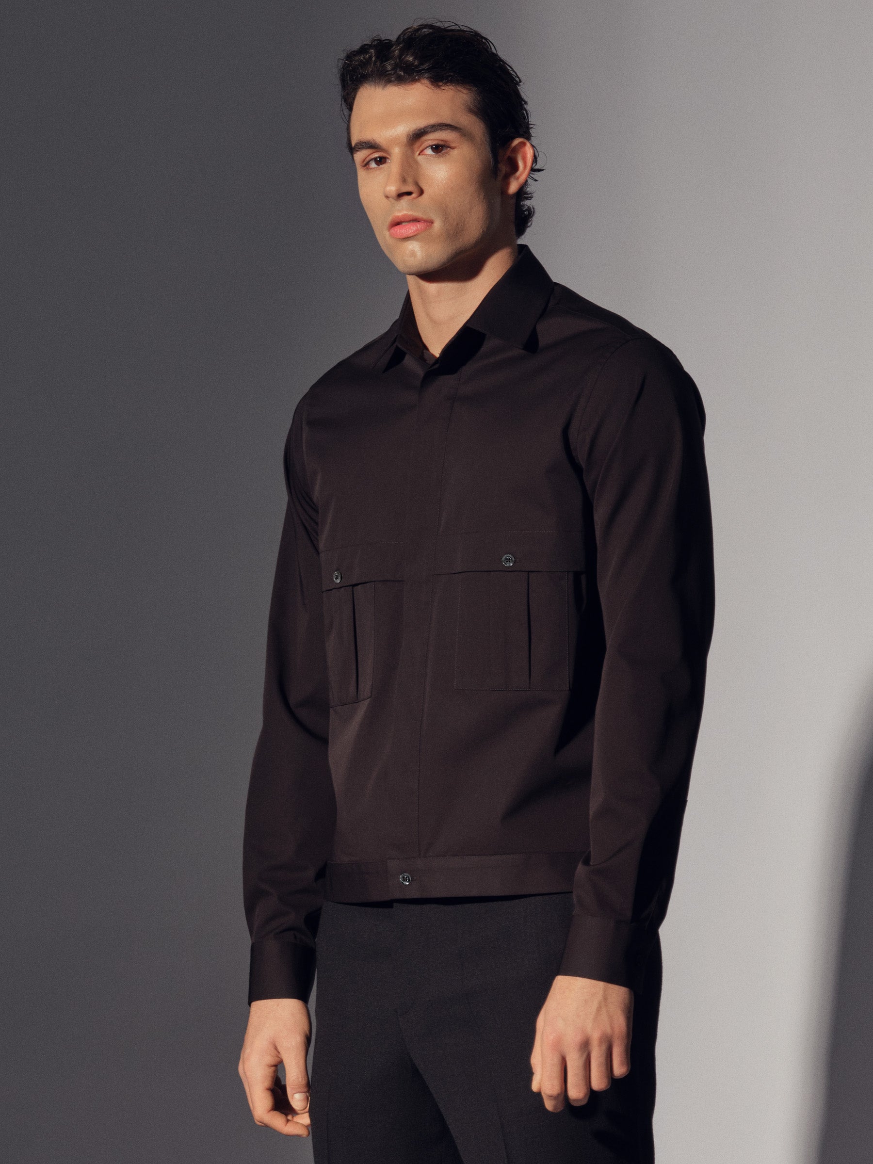 Black Cotton Pleat Pocket Shirt Overshirt