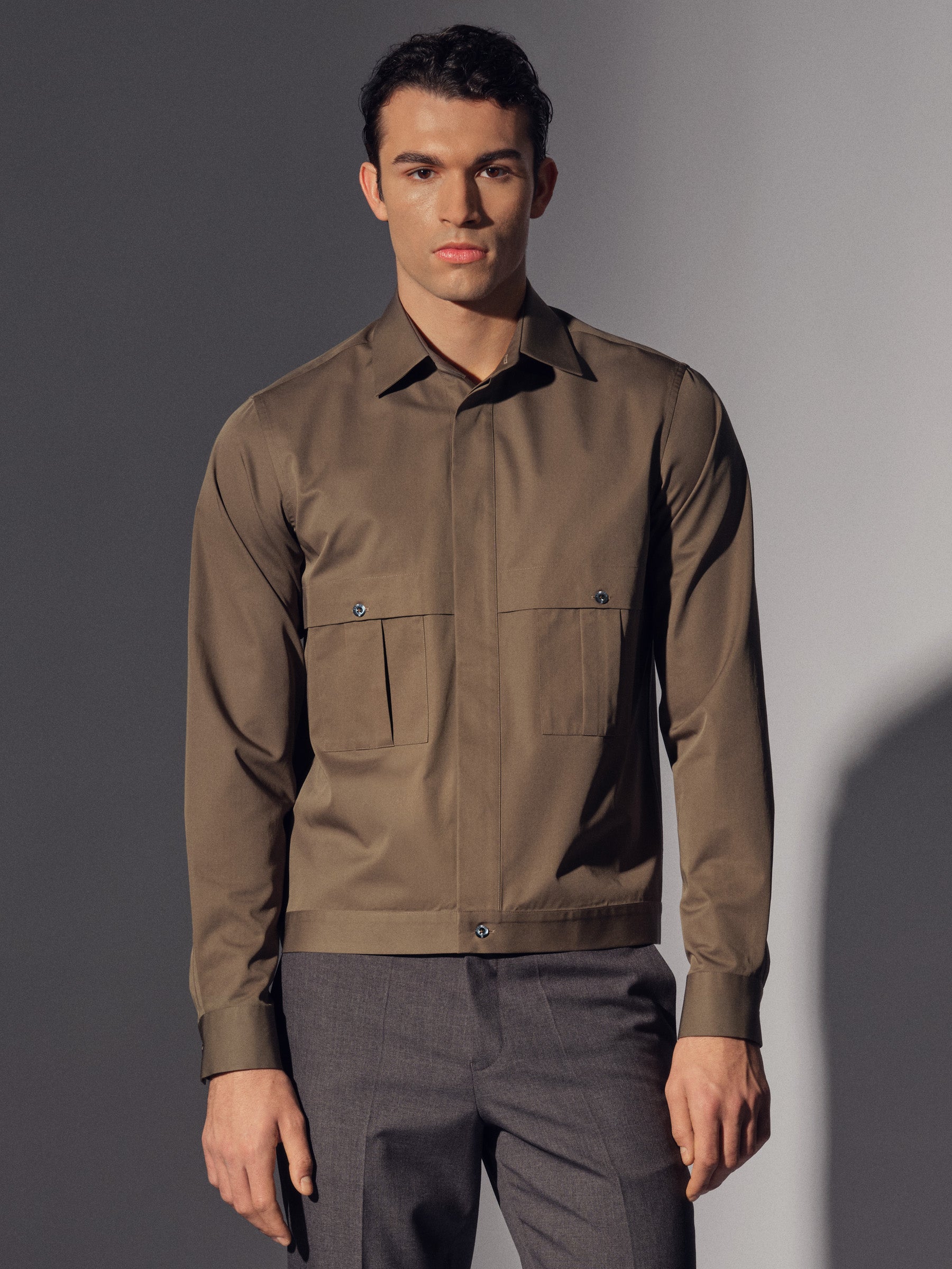 Olive Cotton Pleat Pocket Shirt Overshirt