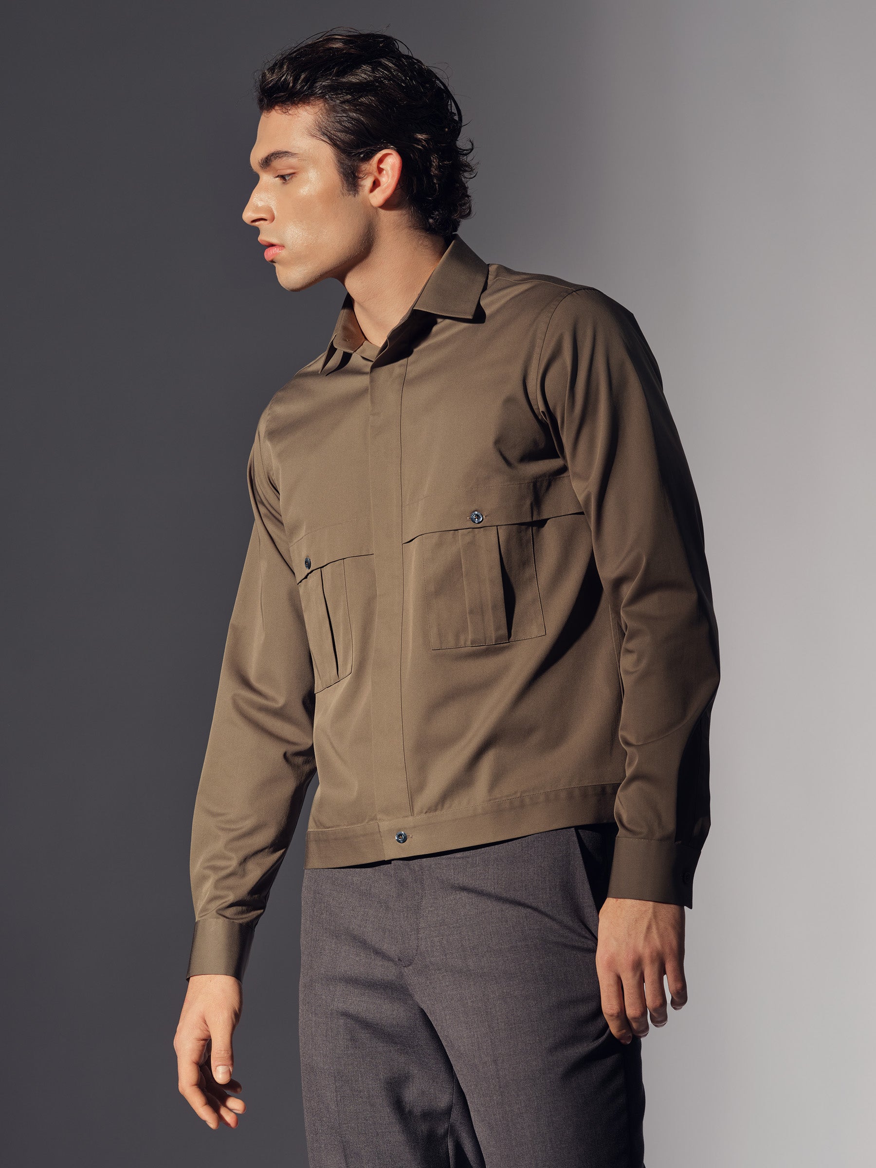 Olive Cotton Pleat Pocket Shirt Overshirt