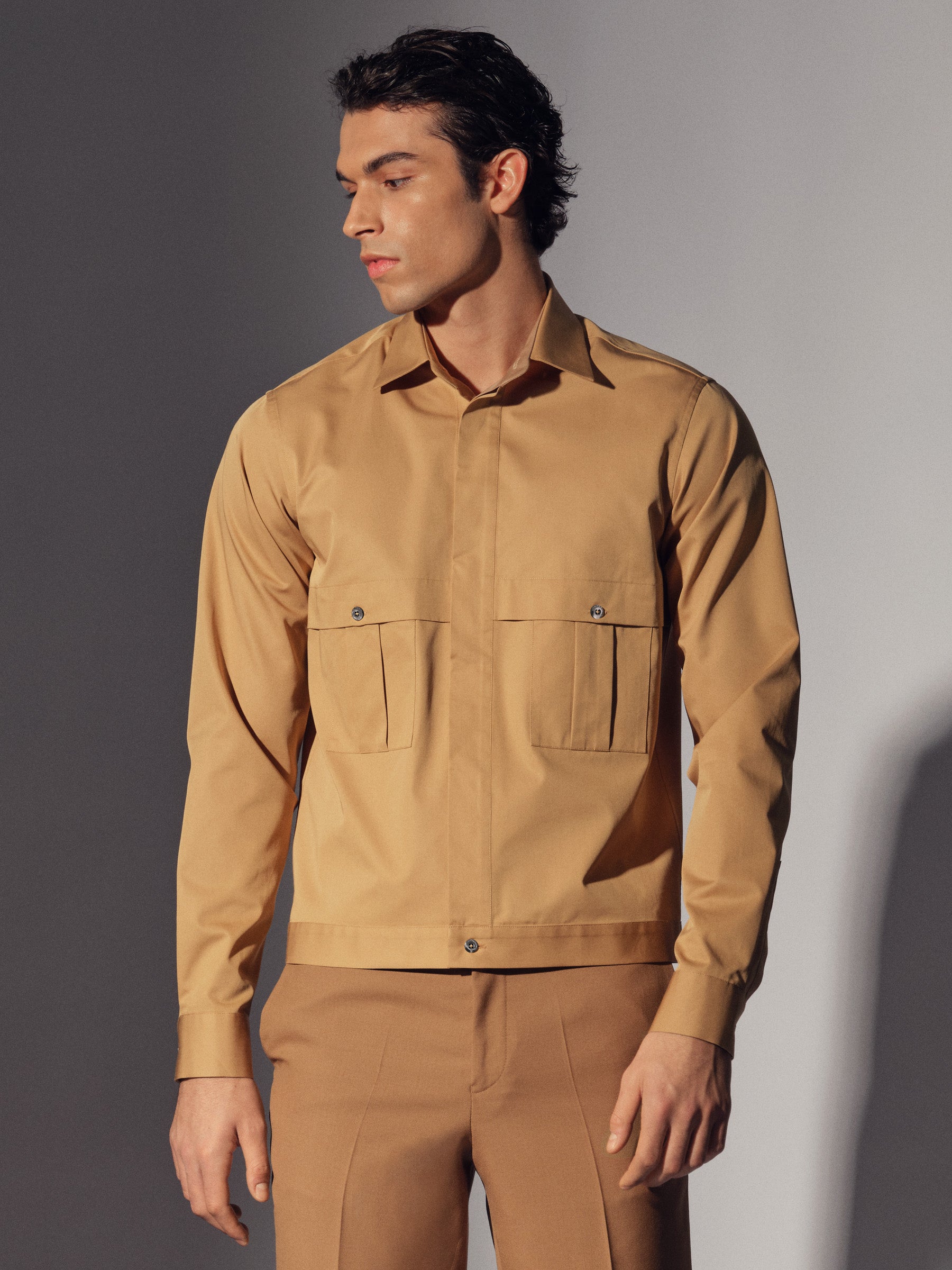 Sand Cotton Pleat Pocket Shirt Overshirt