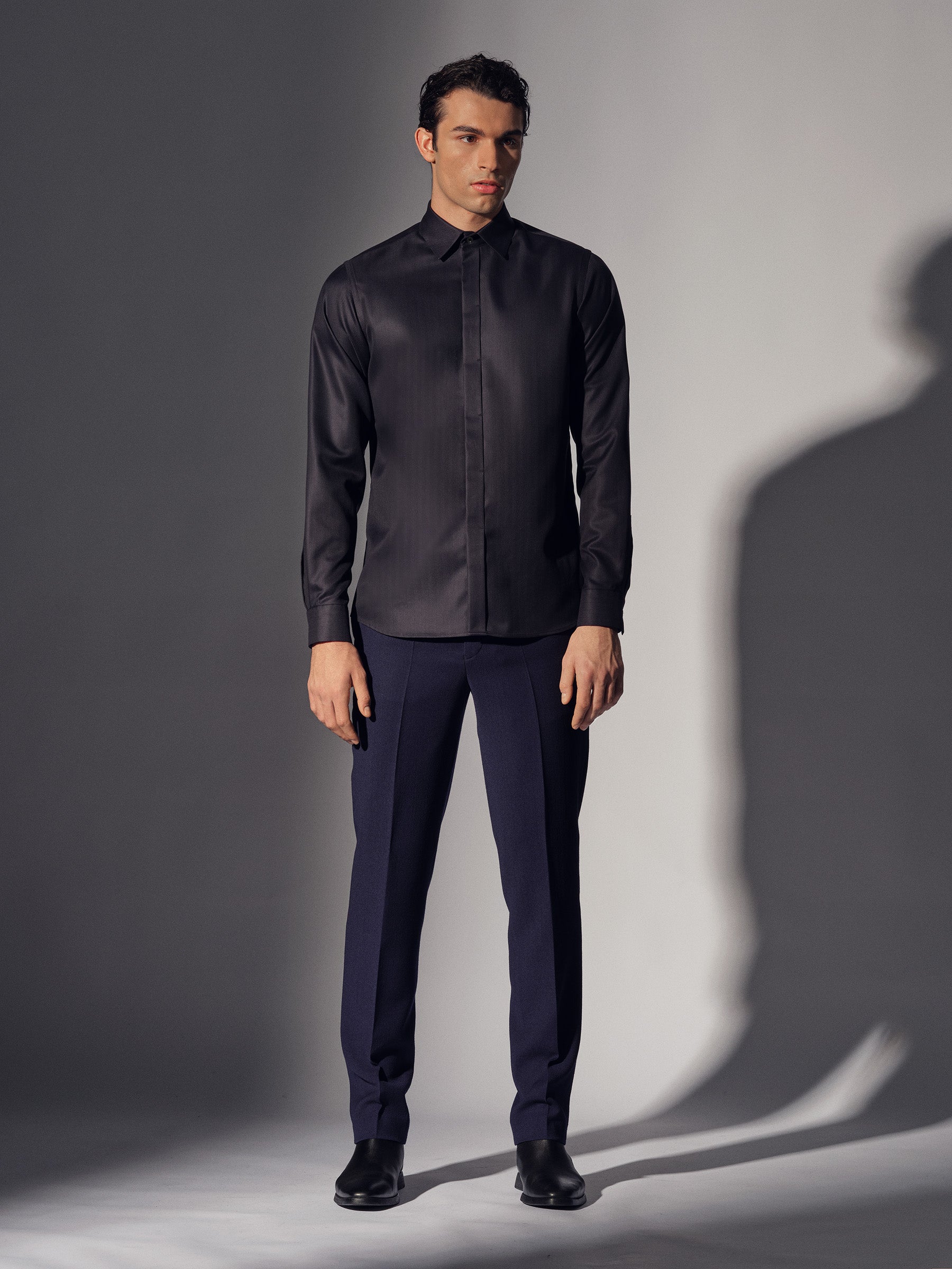 Black Cotton Concealed Placket Shirt