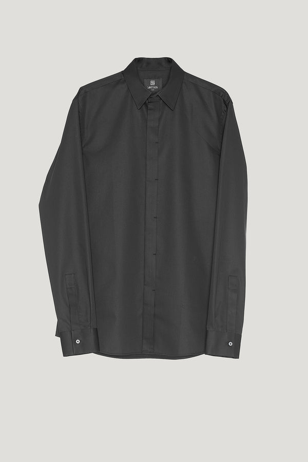 Black Cotton Concealed Placket Shirt