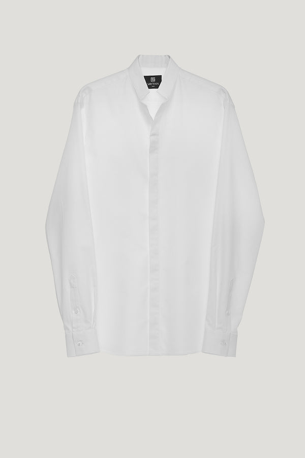 White Cotton Stand Up Collar Shirt